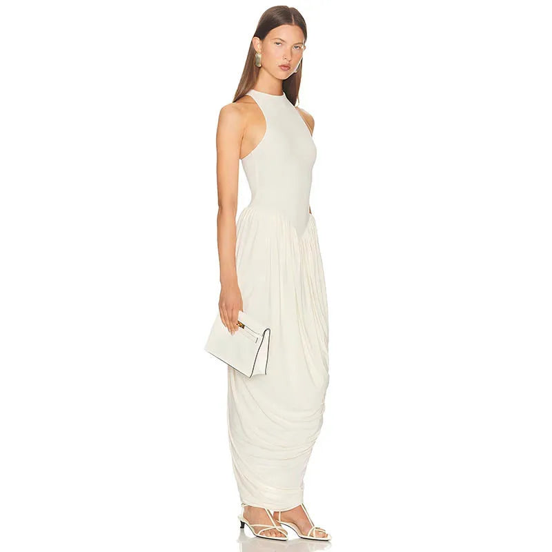 Blifanbo Pleated Elegant O Neck Maxi Dress