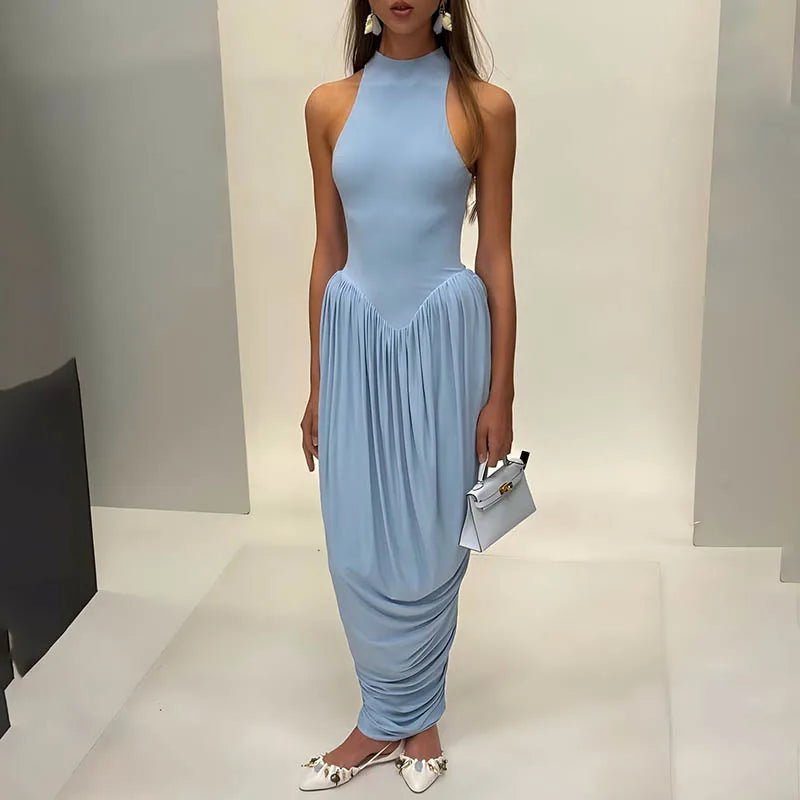 Blifanbo Pleated Elegant O Neck Maxi Dress